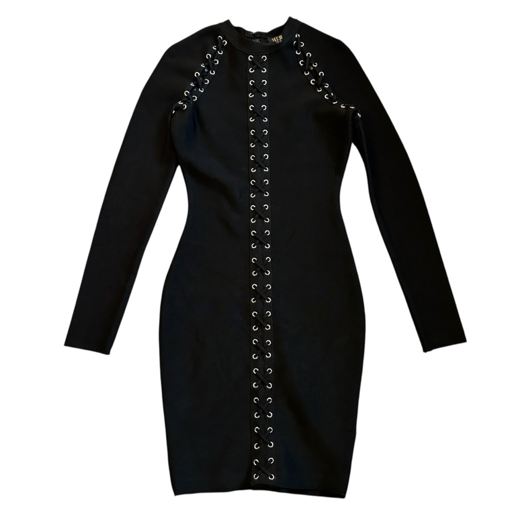 Hera Collection Black Lace Up Bodycon Mini Dress Gold Grommet Long Sleeve | S - Picture 2 of 9